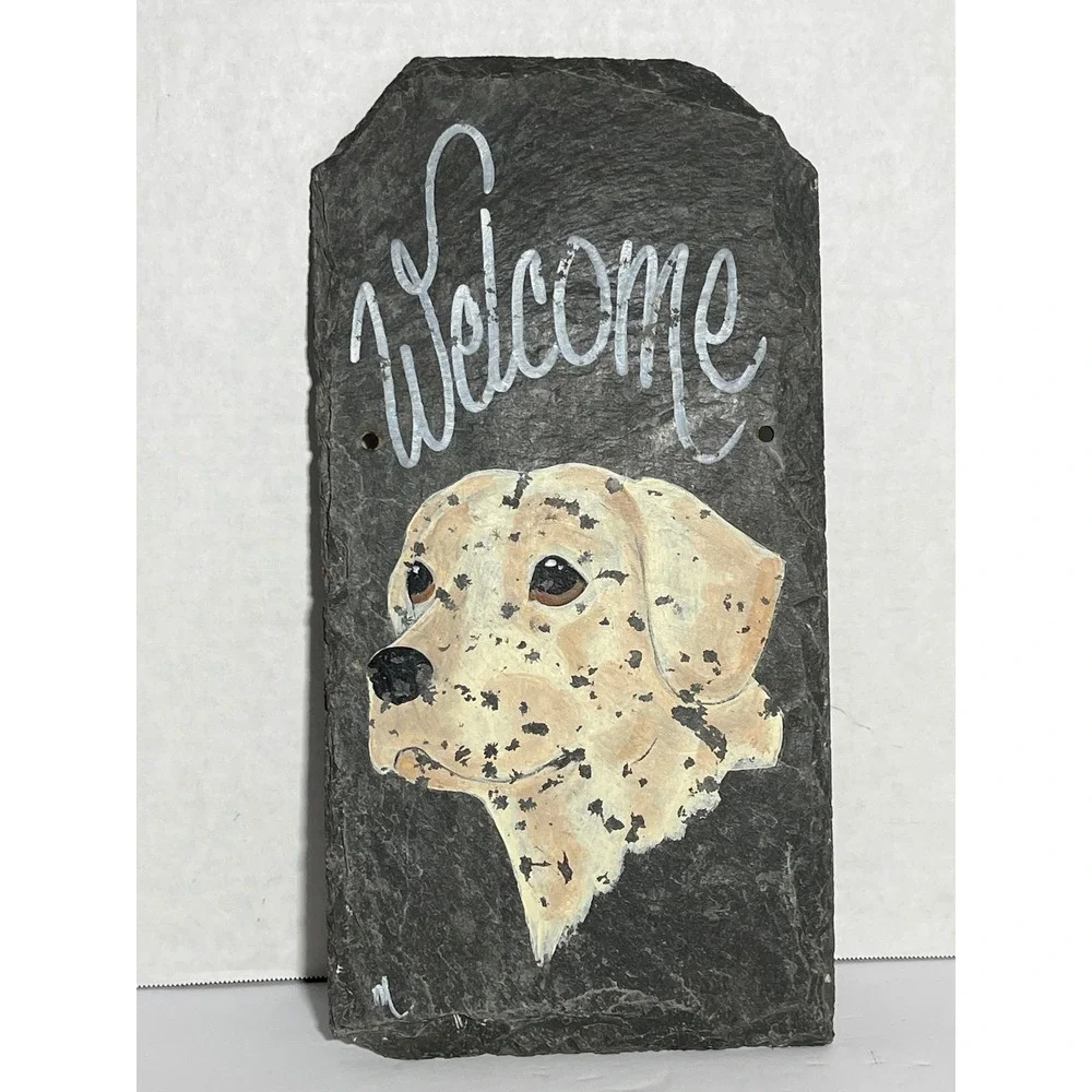 Hand Painted Slate Welcome Sign Yellow Labrador Retriever Dog Rustic Stone Decor